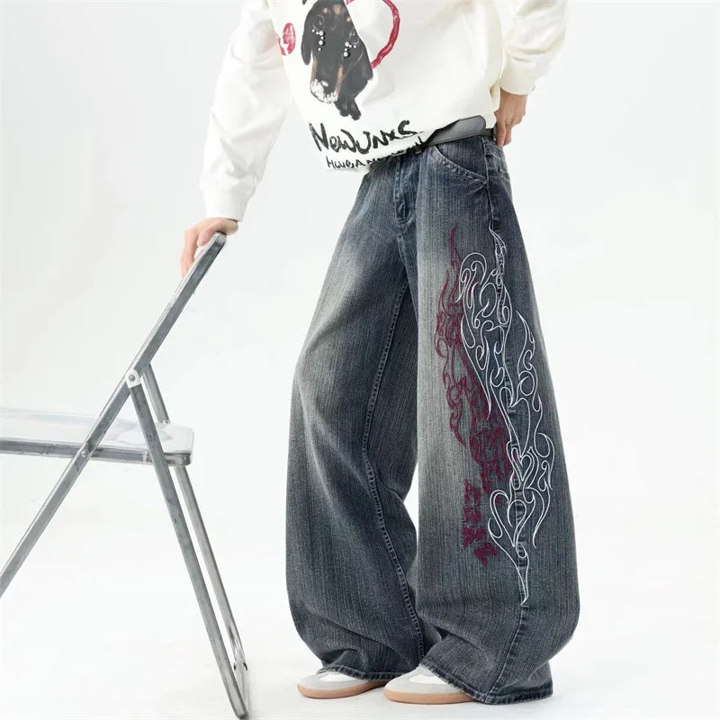 Y2K Flame Embroidered Baggy Streetwear Jeans