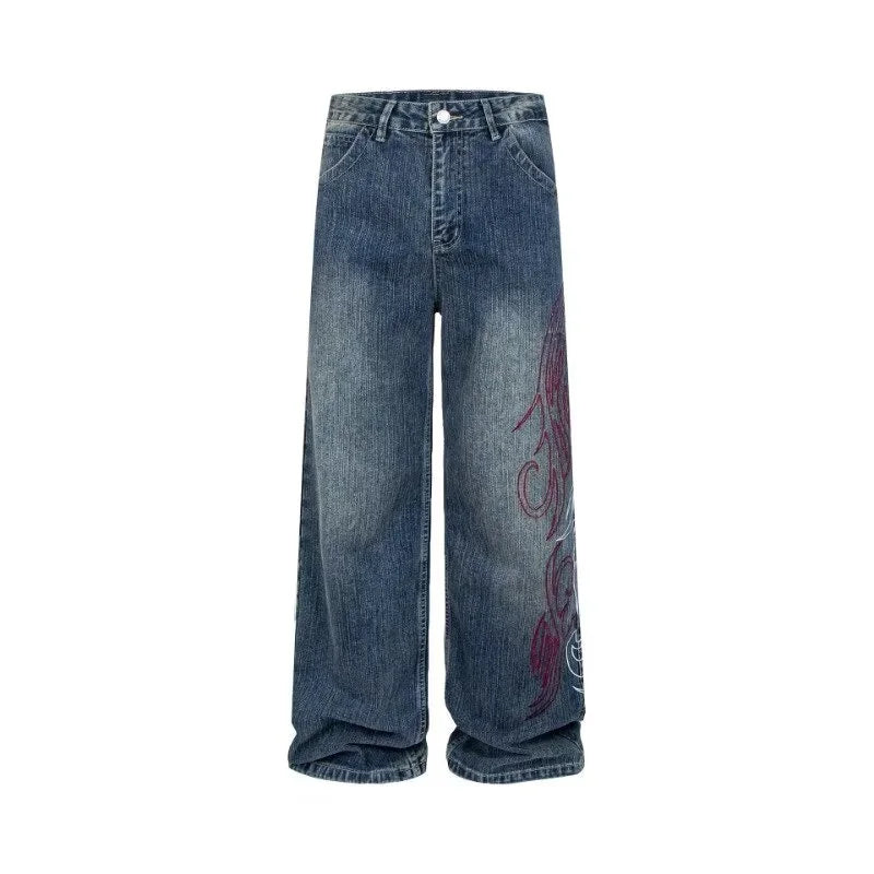 Y2K Flame Embroidered Baggy Streetwear Jeans
