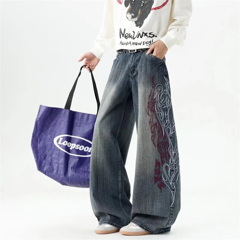 Y2K Flame Embroidered Baggy Streetwear Jeans