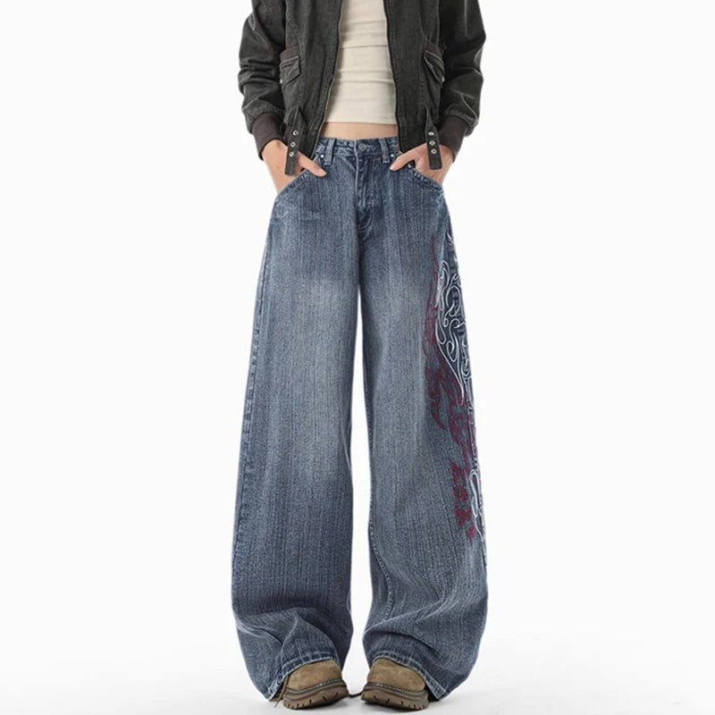 Y2K Flame Embroidered Baggy Streetwear Jeans