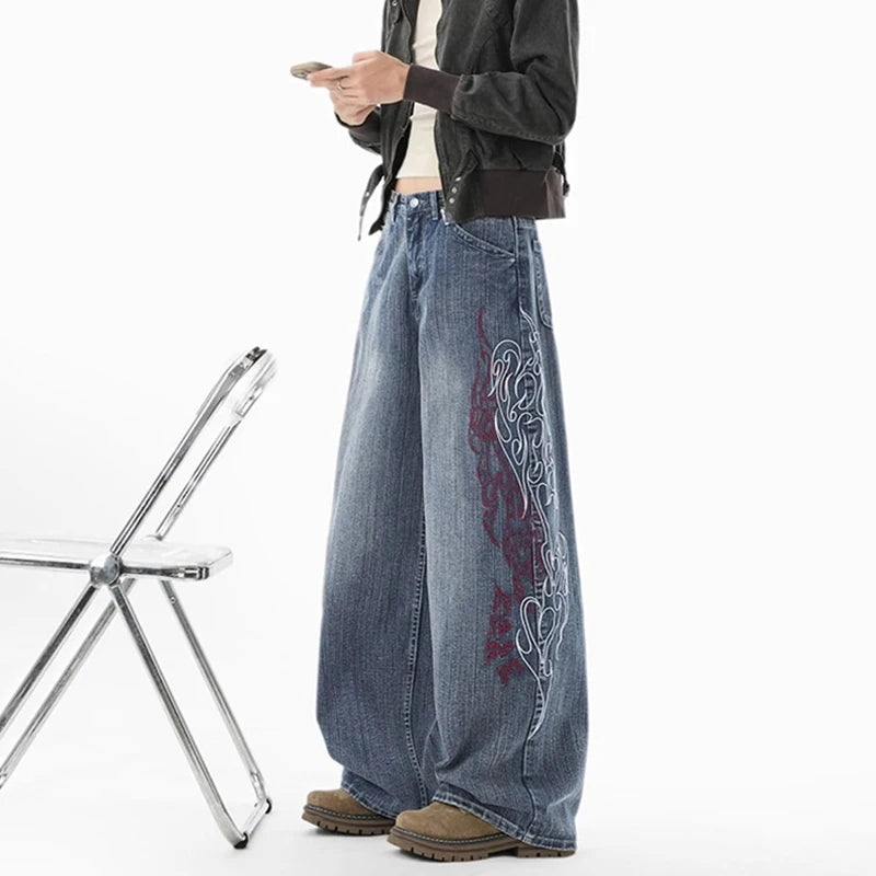 Y2K Flame Embroidered Baggy Streetwear Jeans