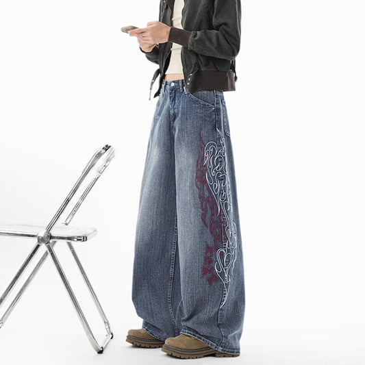 Y2K Flame Embroidered Baggy Streetwear Jeans
