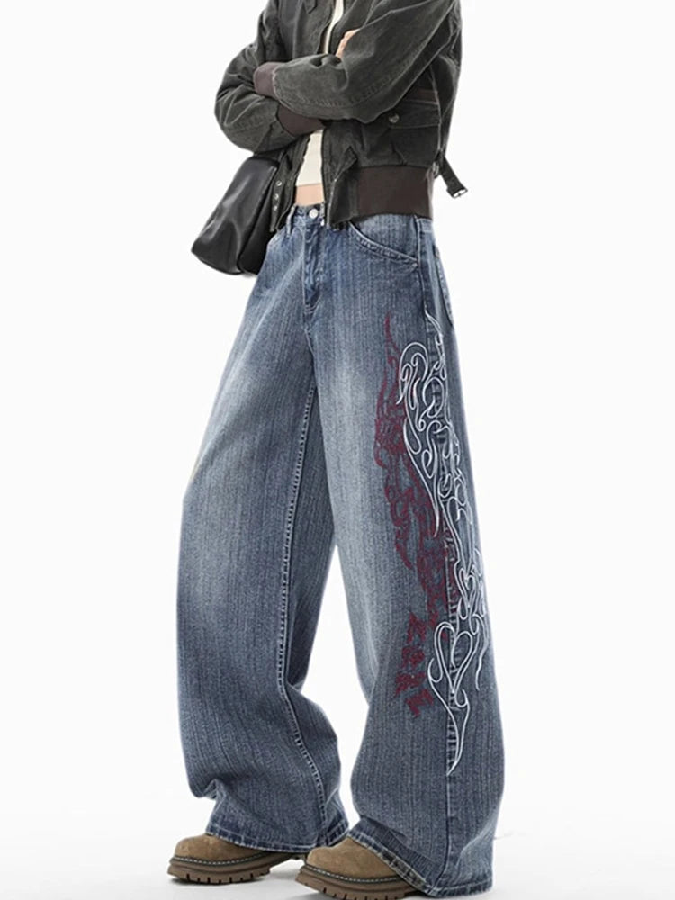 Y2K Flame Embroidered Baggy Streetwear Jeans